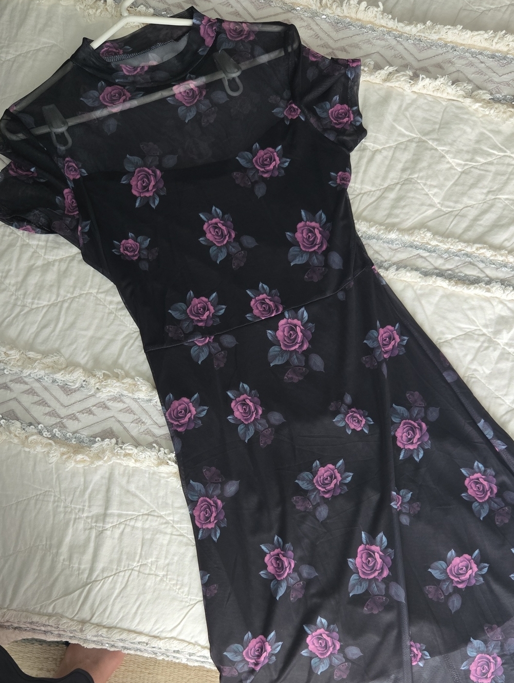 NWT Black Mesh Floral Maxi Dress with Pink Roses